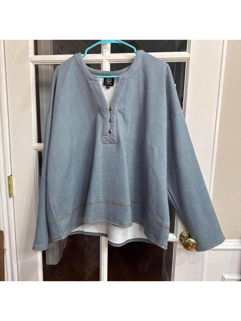 Bobeau Henley Sweatshirt Oversized Blue White